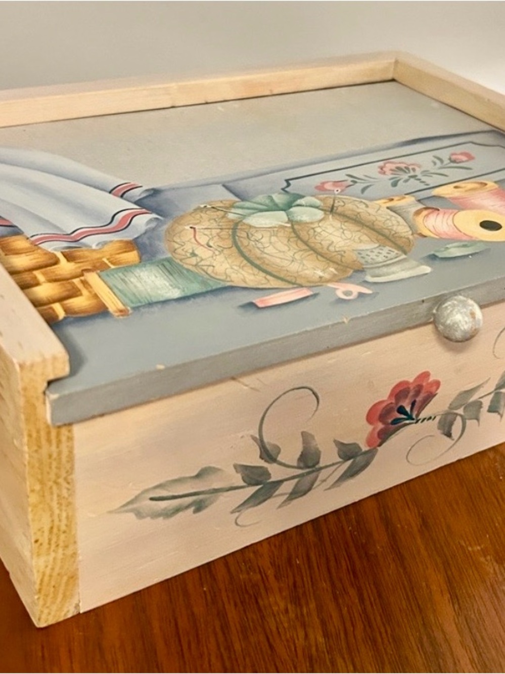Vintage Hand-Painted Wooden Sewing Box 
Keepsake Chest